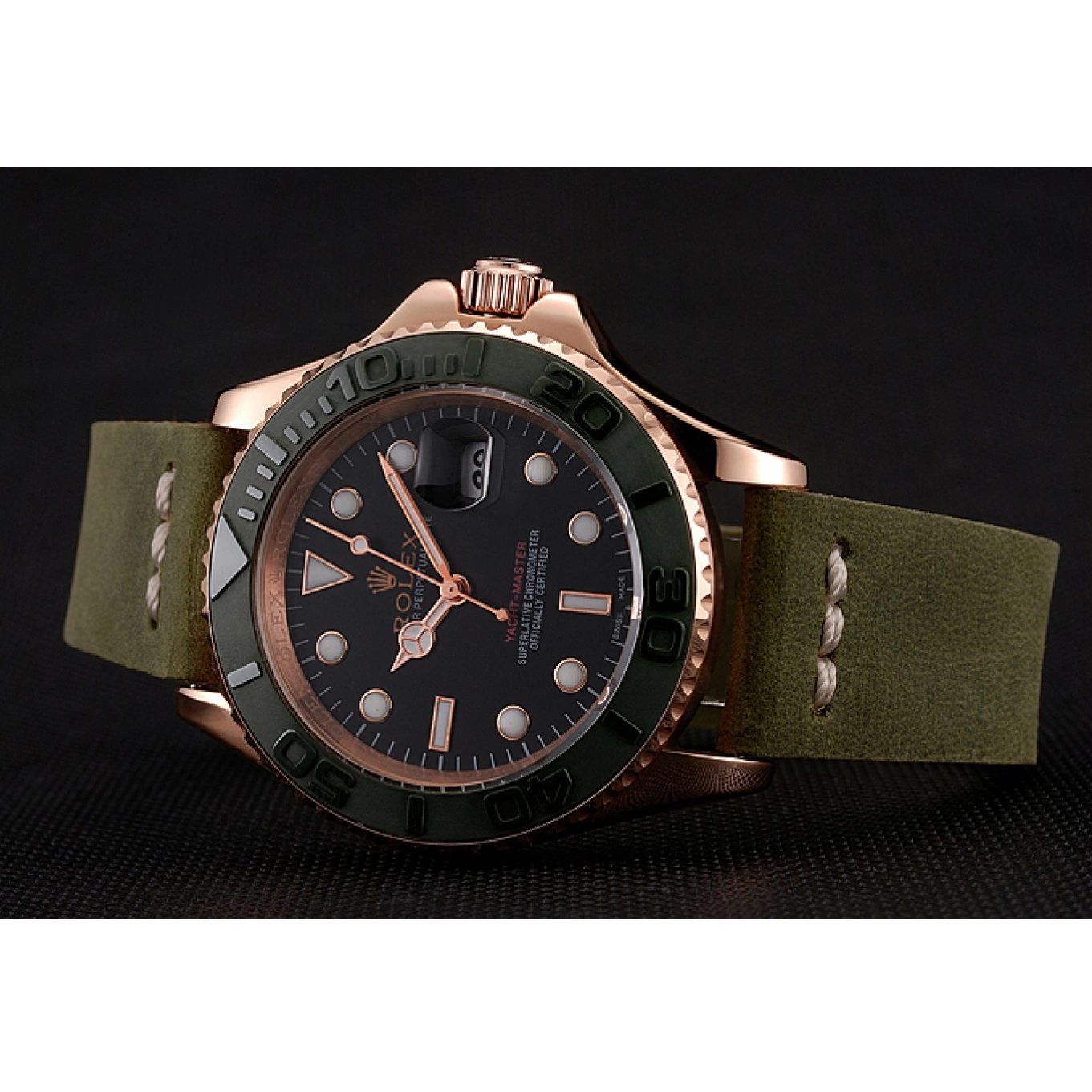 Aaa replica watch Leather Green Master Bezel Rolex Green Bracelet 1453862 Case Yacht Black Gold Rose Dial 0615